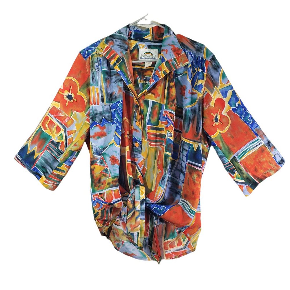 Vintage Small Orange/Blue Tie Front 3/4 Sleeve Button Front Blouse Top